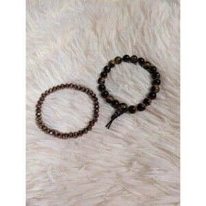 2pc Brown Earth Tone Beaded Bracelet Set Tortoise Style Faceted Faux Tigers Eye